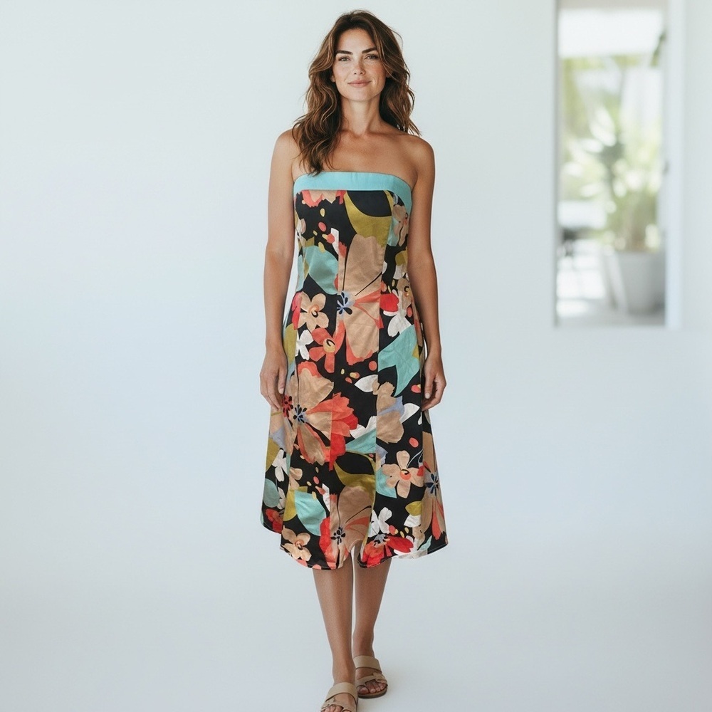 HAROLD'S Aqua Pink Floral Strapless Dress Size 8 Stretch Cotton Vacation Summer
